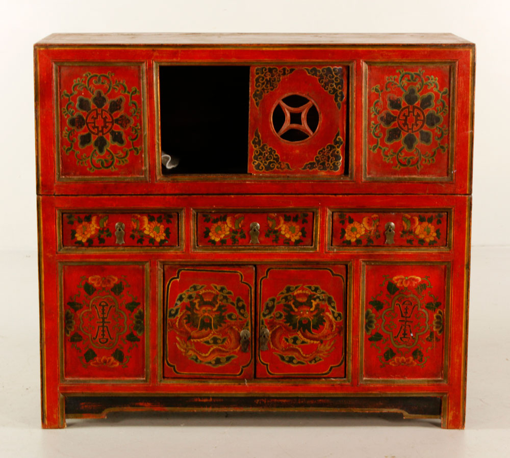 Appraisal: - Carved Tibetan Chest Tibetan chest with red painted decoratively