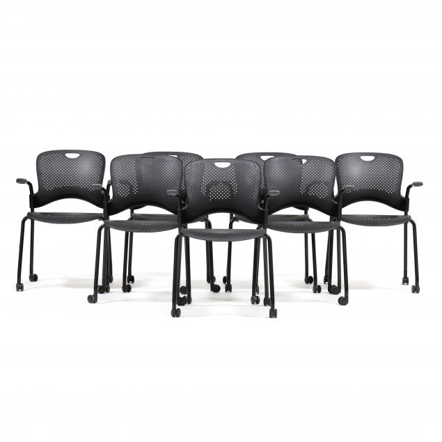 Appraisal: JEFF WEBER BILL STUMPF SEVEN BLACK CAPER STACKING CHAIRS Herman