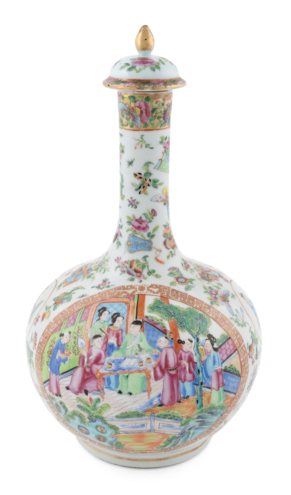 Appraisal: CHINESE EXPORT ROSE MANDARIN PORCELAIN COVERED WATER BOTTLE CIRCA HEIGHT