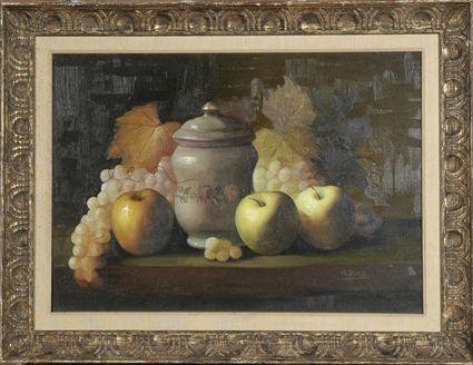 Appraisal: M Ruiz Still Life with Fruit and Jar Oil on