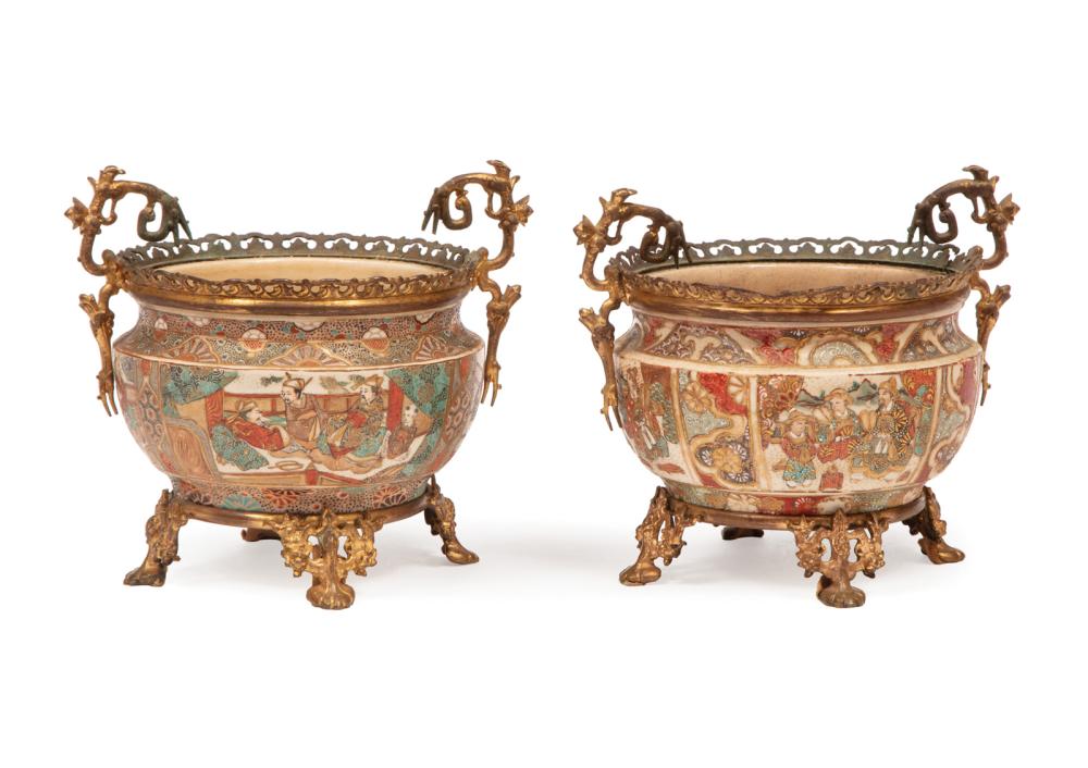 Appraisal: Pair of Gilt Bronze-Mounted Japanese Satsuma-Style Moriage Pottery Bowls probably