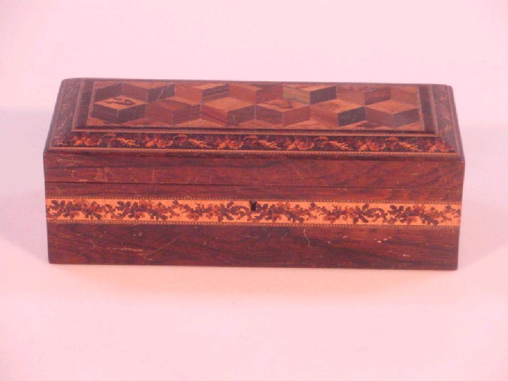 Appraisal: A thC rosewood Tunbridge ware glove box the hinged cover