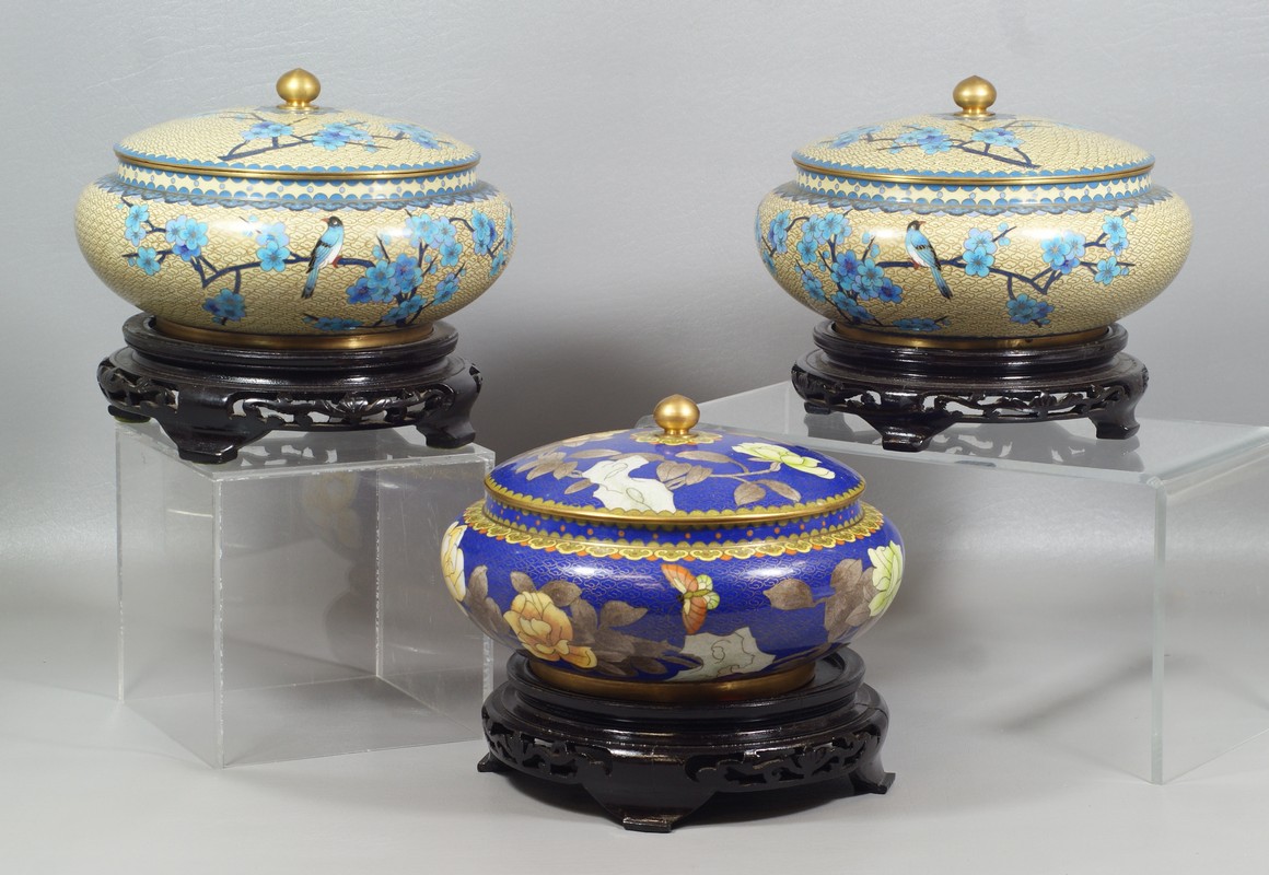 Appraisal: Chinese Cloisonn Circular Covered Boxes with wood stands approx high