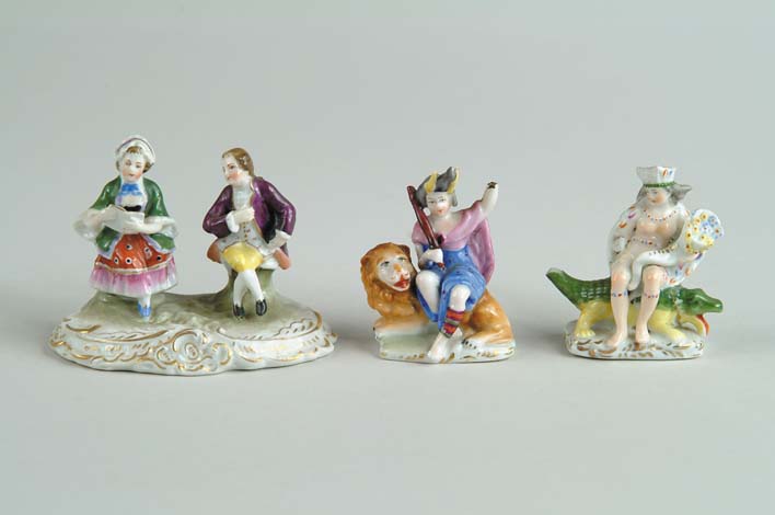 Appraisal: SET OF THREE SMALL CHELSEA FIGURINES All marked with gold