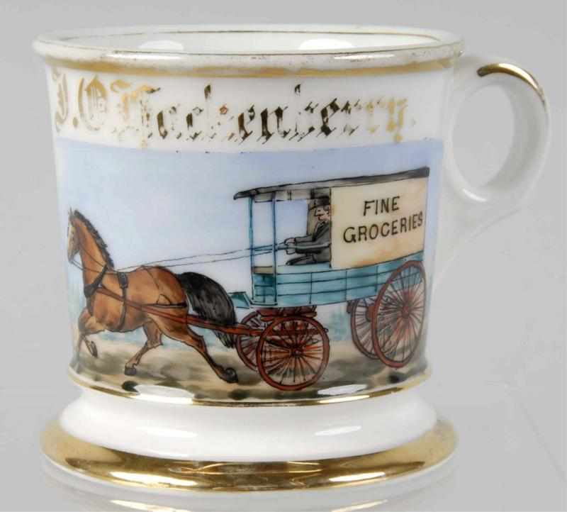 Appraisal: Horse-Drawn Wagon Shaving Mug Description Gilt name T O Hackenberry