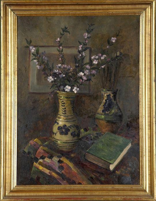 Appraisal: th C School Still Life with Vases and a Book