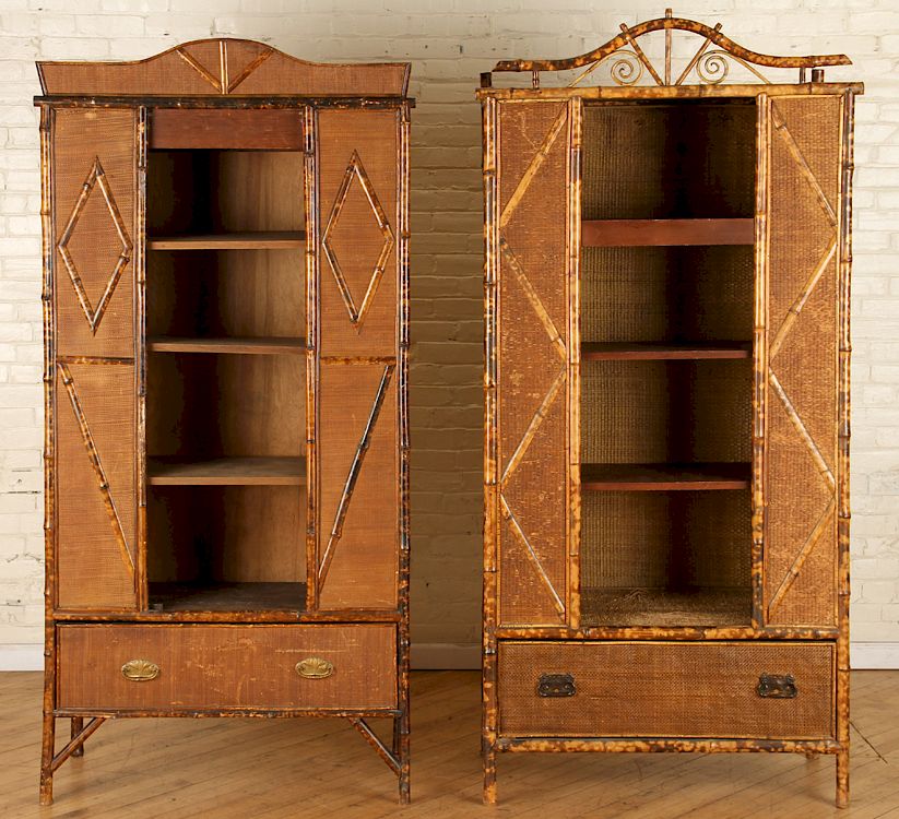 Appraisal: PAIR BAMBOO ARMOIRES WITH GEOMETRIC DECORATION A unique near pair