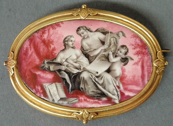 Appraisal: Gold brooch with a classical scene enamel decorated on shell