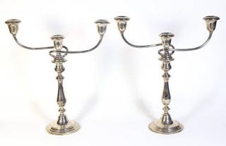 Appraisal: Pair of Gorham sterling silver weighted three-light candleabra each turned