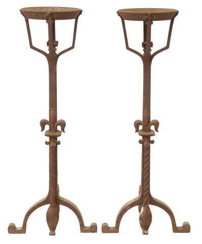 Appraisal: pair Large French wrought iron fireplace andirons candle prickets th