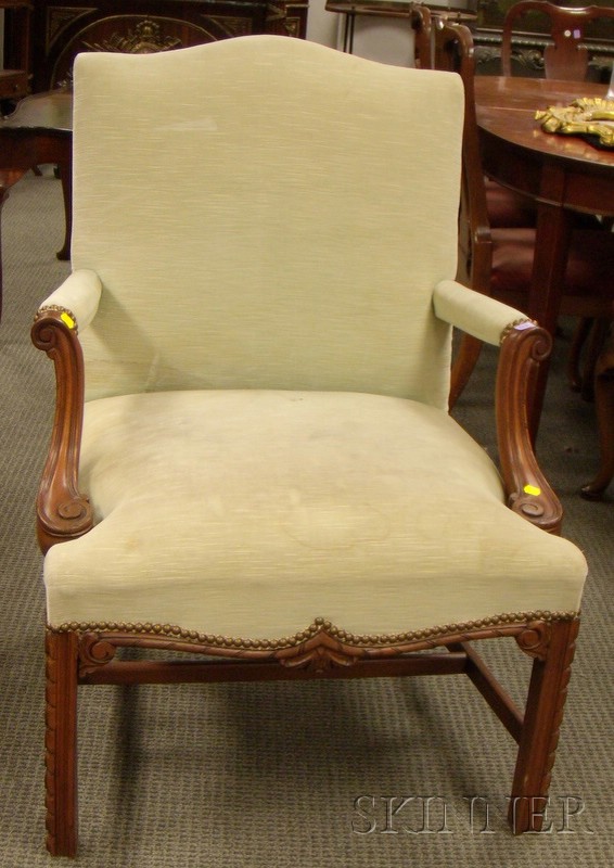 Appraisal: Georgian-style Celadon Velvet Upholstered Carved Mahogany Easy Chair