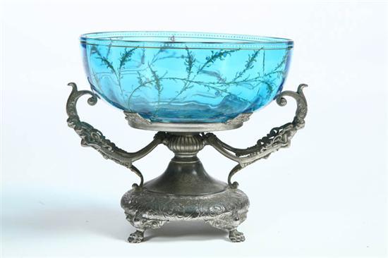 Appraisal: BRIDE'S BOWL WITH SILVER PLATED BASE Blue bowl with enamel