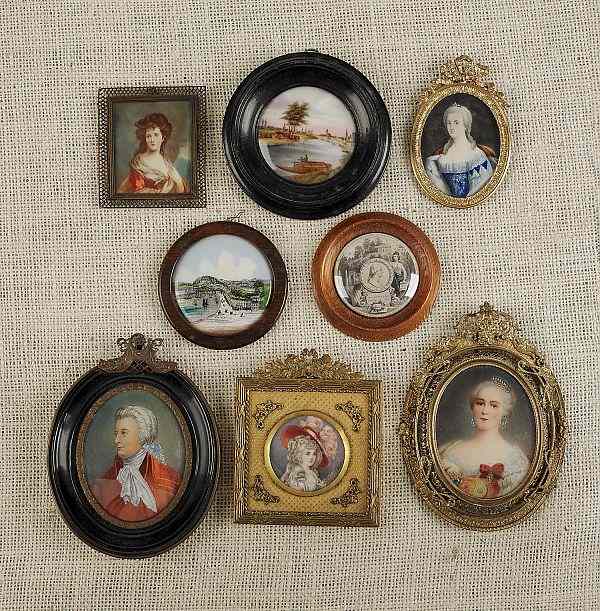 Appraisal: Five miniature watercolor portraits together with two landscape medallions and