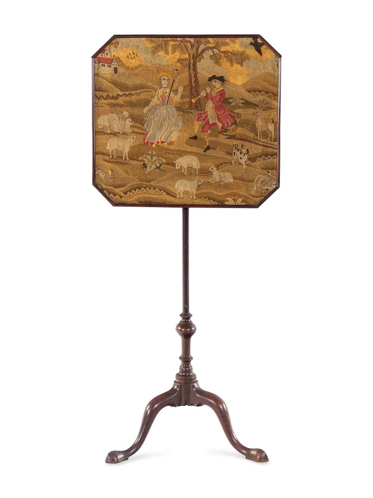 Appraisal: A George II Petit-Point Inset Mahogany Pole Screen A George