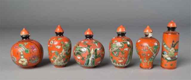 Appraisal: Matched Set Of Six Porcelain Snuff BottlesAll in orange field