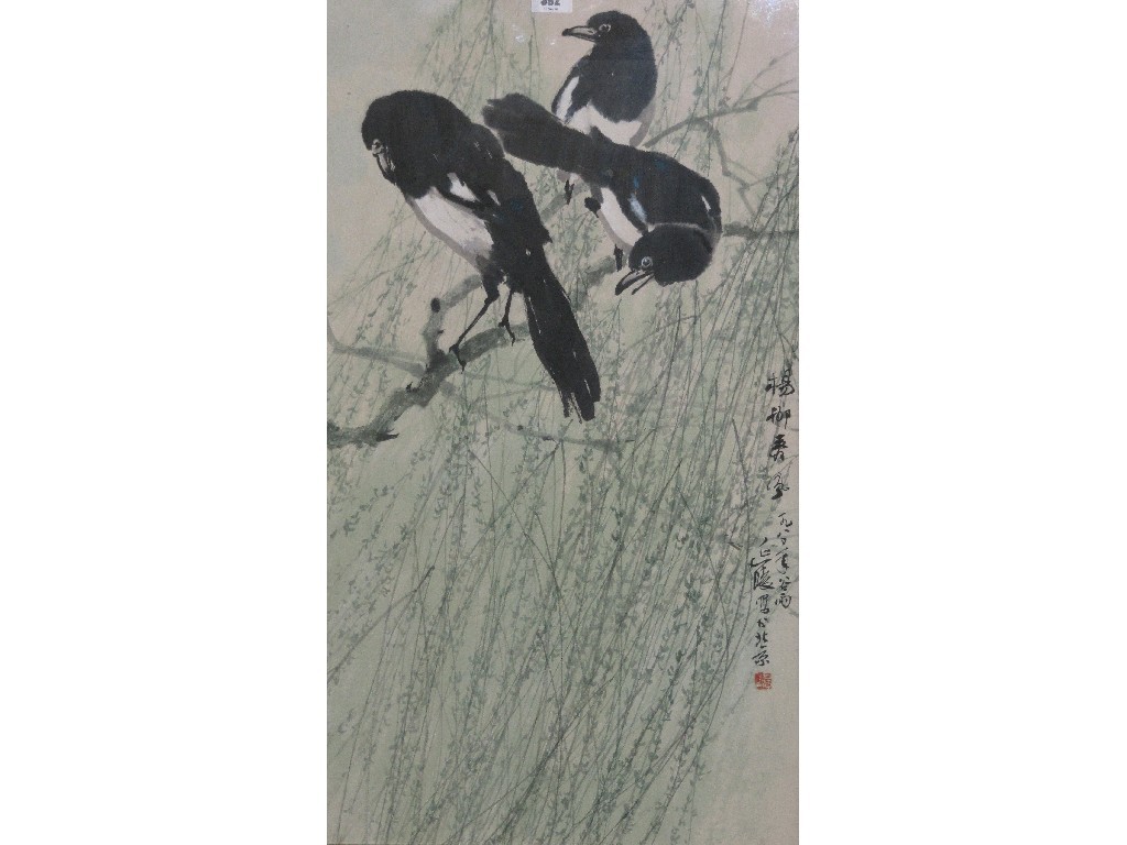 Appraisal: Oriental watercolour 'Three Magpies' signed