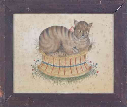 Appraisal: Oil on velvet theorem of a cat on a basket