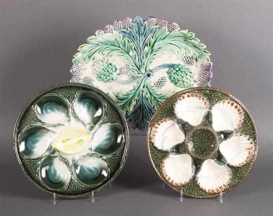 Appraisal: Pair of Continental Majolica oyster plates and a similar asparagus