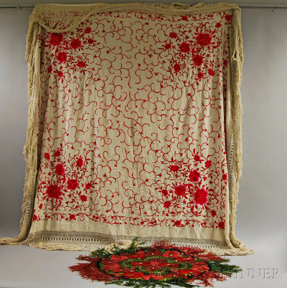 Appraisal: Embroidered Piano Shawl and Cushion Cover th century ft x