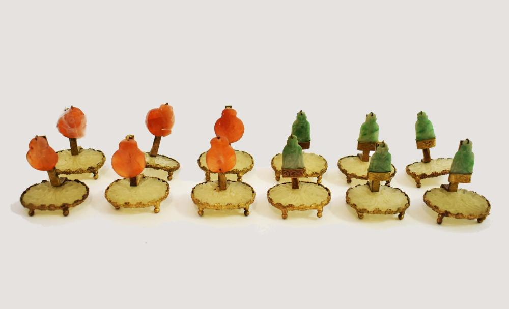 Appraisal: SET OF TWELVE JADE AND CORNELIAN PLACE CARD HOLDERSWith gilt