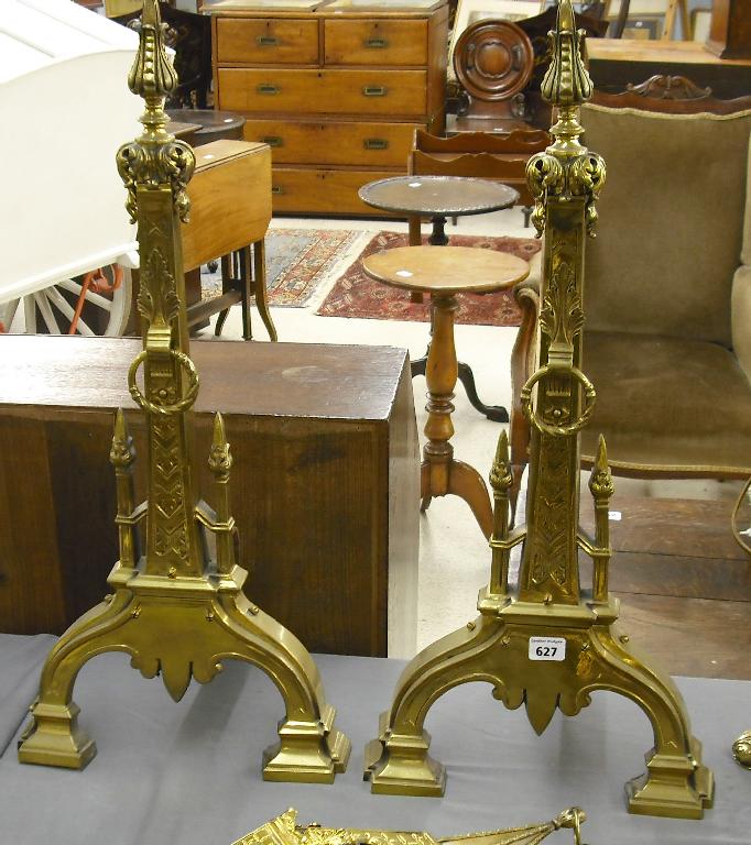 Appraisal: Pair of large brass ornate andirons with tulip shaped finials