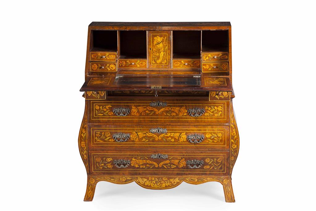 Appraisal: DUTCH WALNUT AND MARQUETRY BOMBE BUREAU TH CENTURY the slant