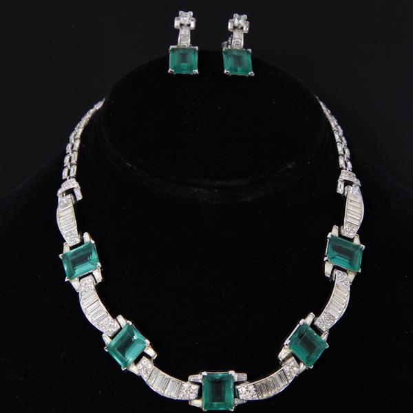 Appraisal: Crown Trifari Emerald and Diamante Rhinestone pc SET Necklace Clip