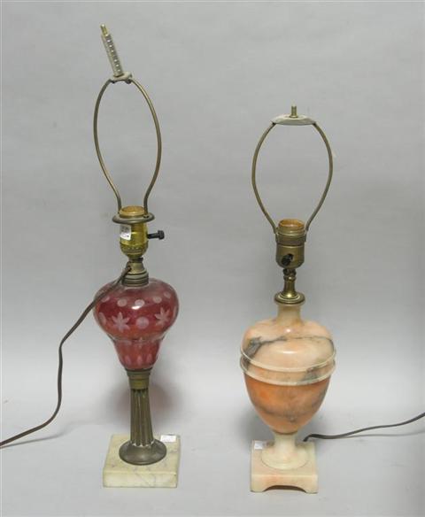 Appraisal: TWO TABLE LAMPS One a ruby flash baluster oil lamp