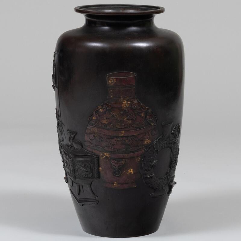 Appraisal: Large Japanese Bronze Vase Inlaid with Stationeries and Vases x