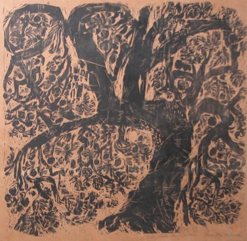 Appraisal: An Apple Tree Woodcut on Paper Matsubara Naoko x inches