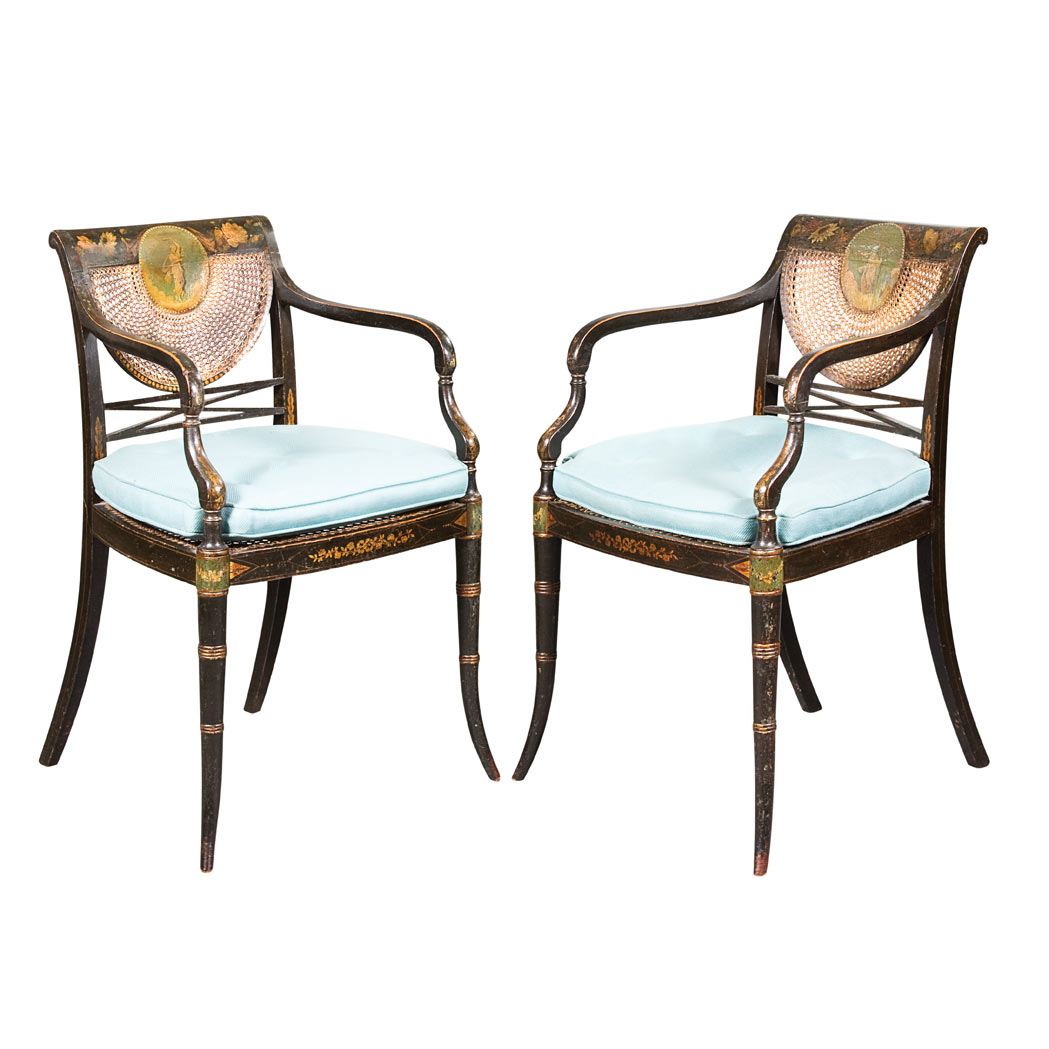 Appraisal: Pair of Regency Painted and Parcel Gilt Armchairs circa Each