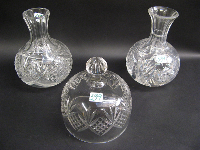 Appraisal: TWO CLEAR CUT GLASS VASES AND A CHEESE COVER pieces