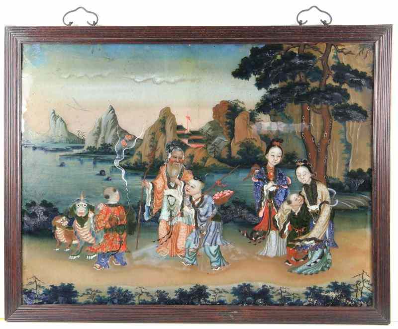 Appraisal: Chinese Reverse Painting on Glass th Centurylarge colorful mountain landscape