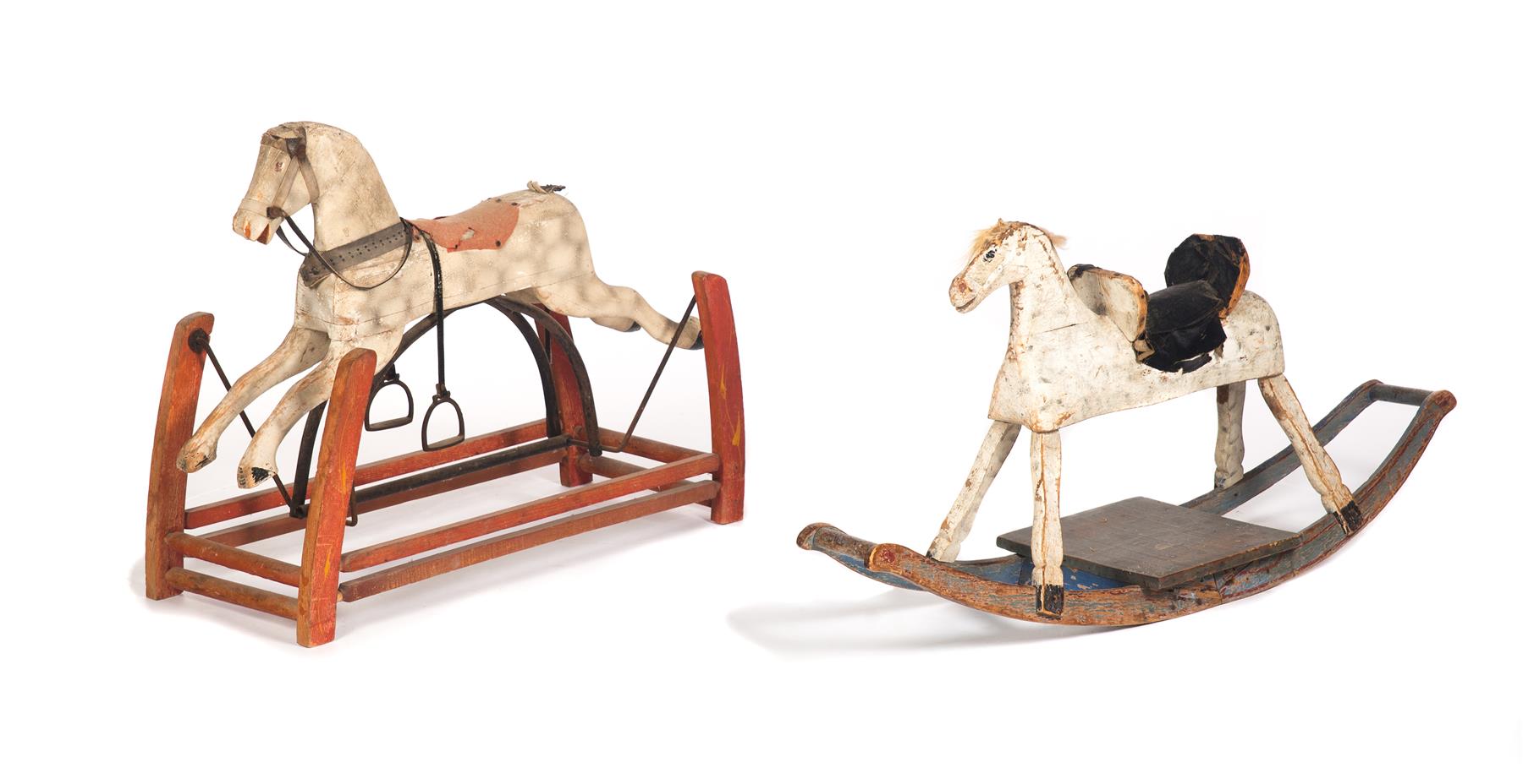 Appraisal: TWO AMERICAN ROCKING HORSES Late th century Wooden horses with