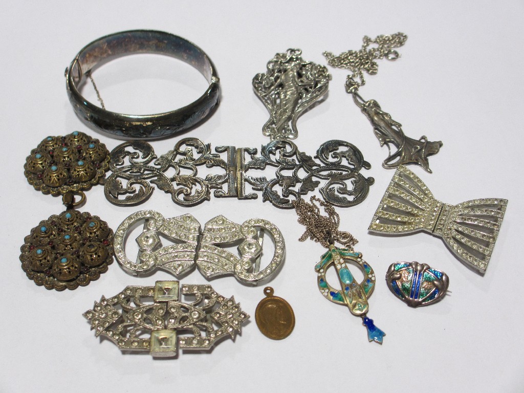 Appraisal: Lot comprising silver and enamel Art Nouveau pendant and brooch