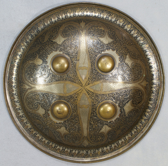 Appraisal: Damascene Persian shield with fish - d slight denting Estimate