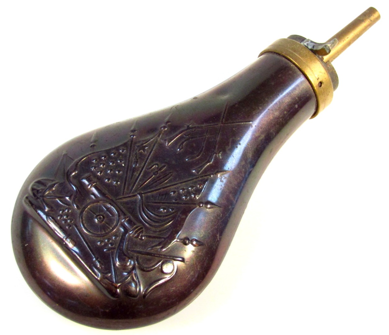 Appraisal: A Napoleonic style copper and brass powder flask the tear