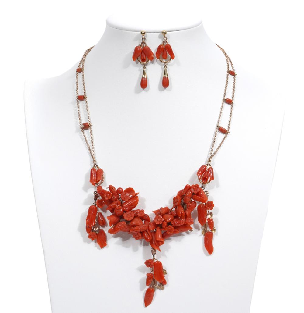 Appraisal: ITALIAN K YG SALMON CORAL NECKLACE EARRINGSVictorian Italian K yellow