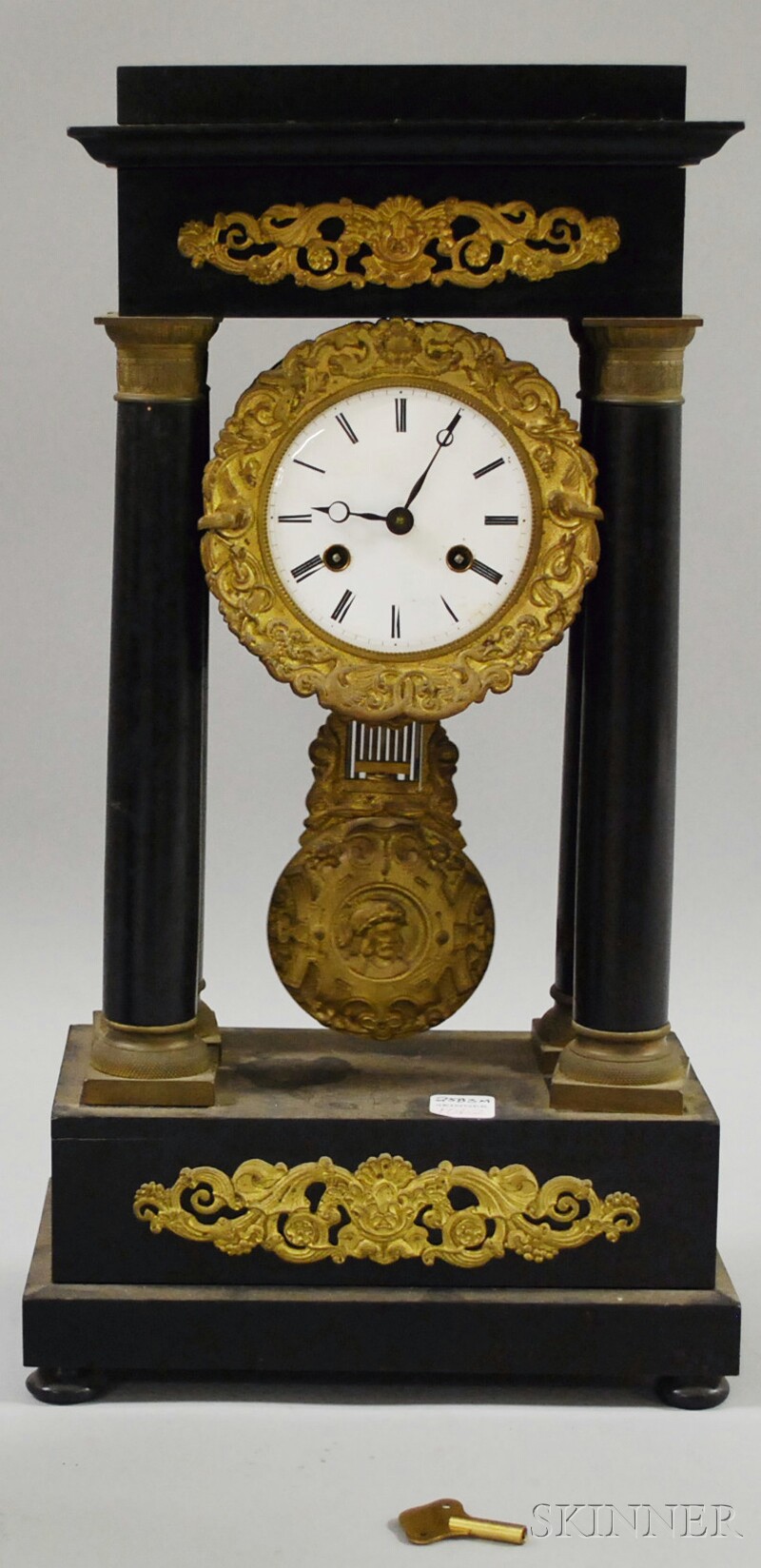 Appraisal: French Ebonized Portico Clock movement stamped Japy Freres case with