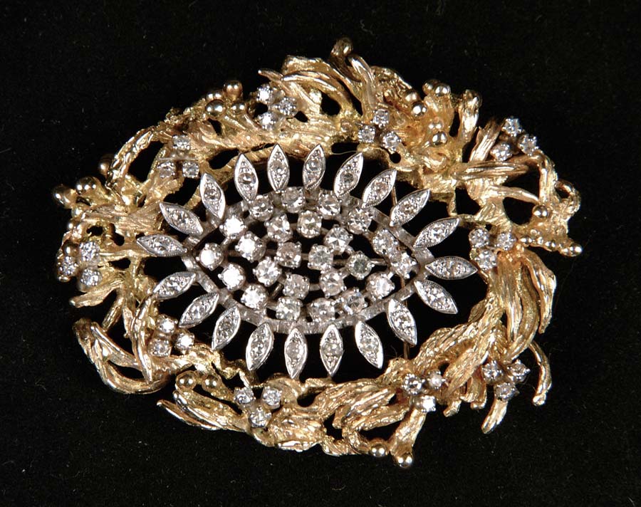 Appraisal: K GOLD DIAMOND BROOCH Very unique k brooch has stylized