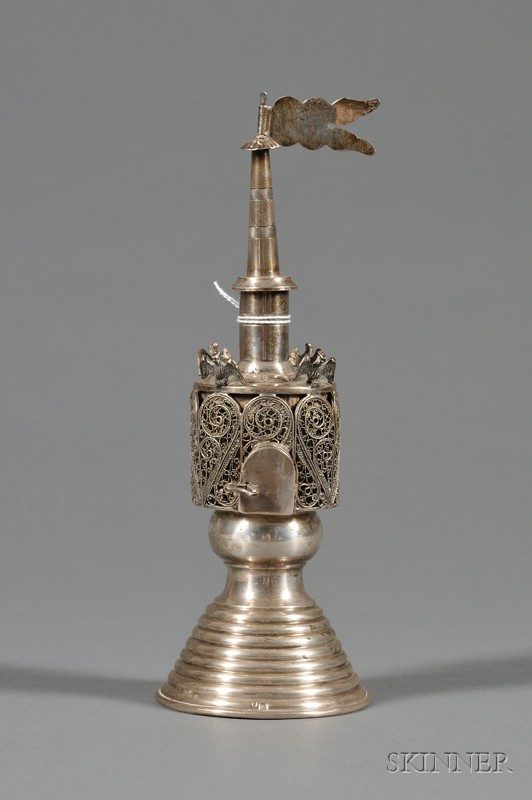 Appraisal: Austrian-style Silver Tower-form Spice Container solid center section with applied