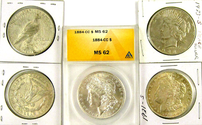 Appraisal: FIVE U S SILVER DOLLARS Morgan and Peace types -CC