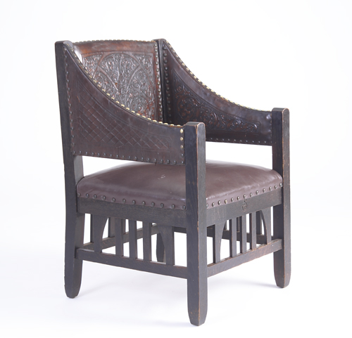 Appraisal: ROYCROFT Rare hand-tooled and embossed leather covered chair with vertical