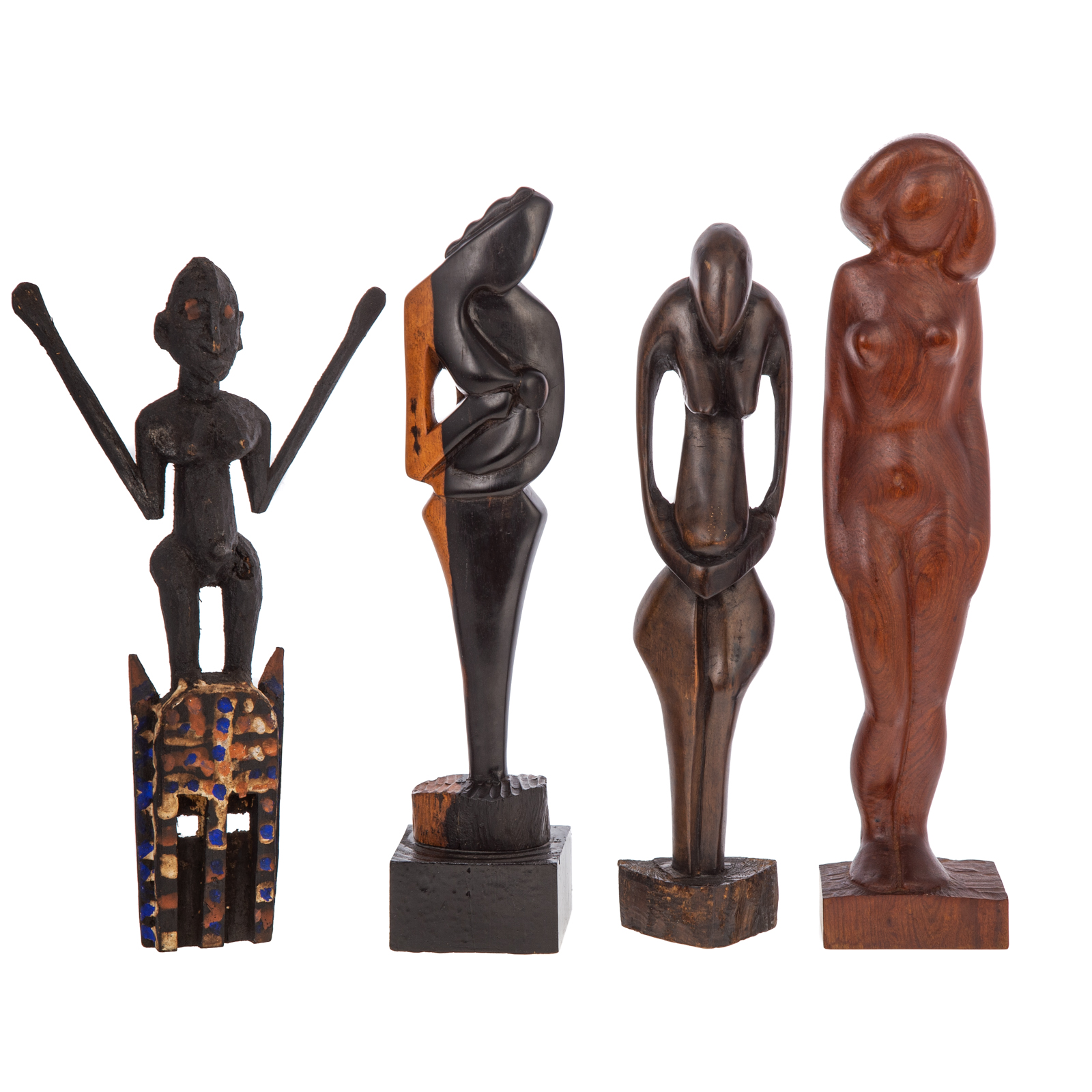 Appraisal: FOUR AFRICAN THEMED WOODEN FIGURES th century Wood figural sculptures