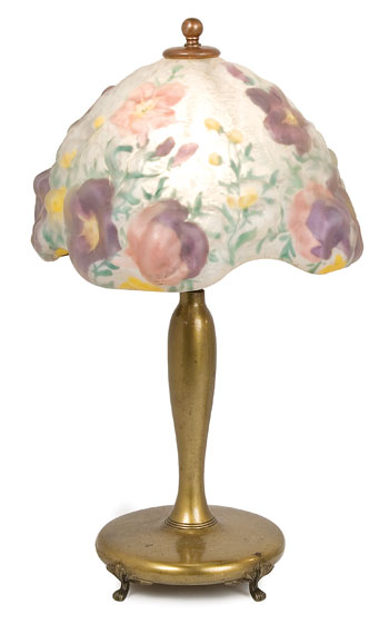 Appraisal: Pairpoint Reverse Painted Glass and Patinated-Metal Pansy Puffy Boudoir Lamp