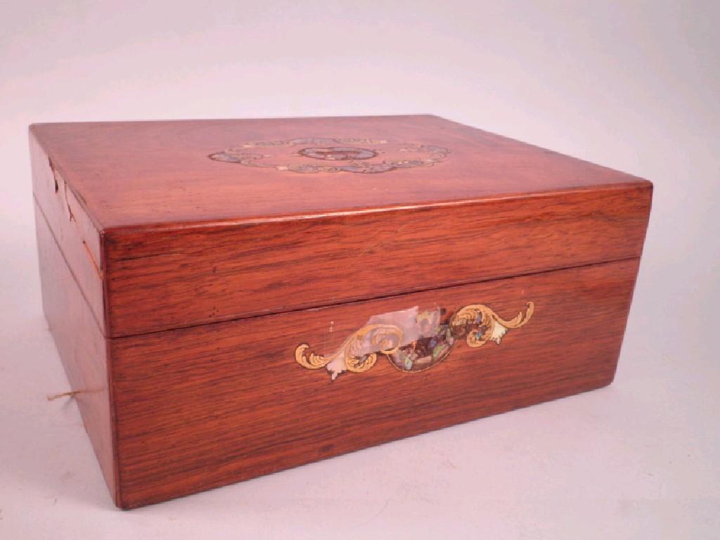 Appraisal: A Victorian rosewood work box with brass and mother of