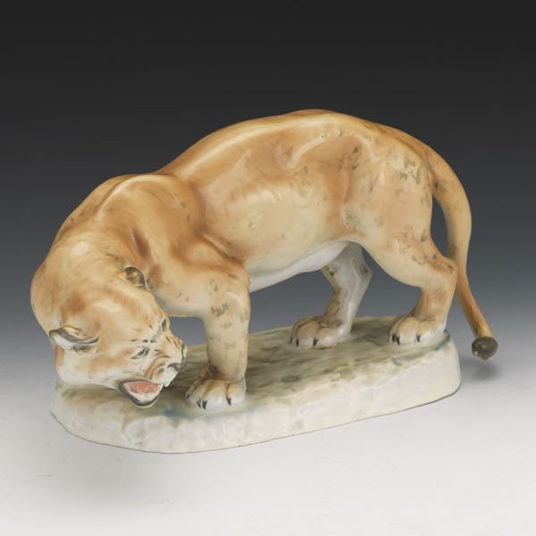 Appraisal: ZSOLNAY PORCELAIN COUGAR x x Ceramic polychromed cougar figurine with