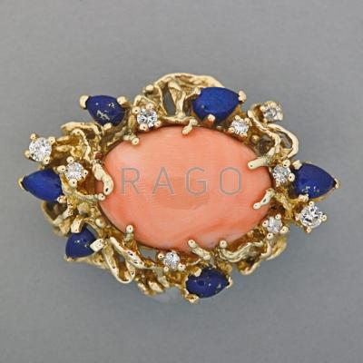 Appraisal: K GOLD CORAL DIAMOND LAPIS PENDANT ca Salmon colored oval