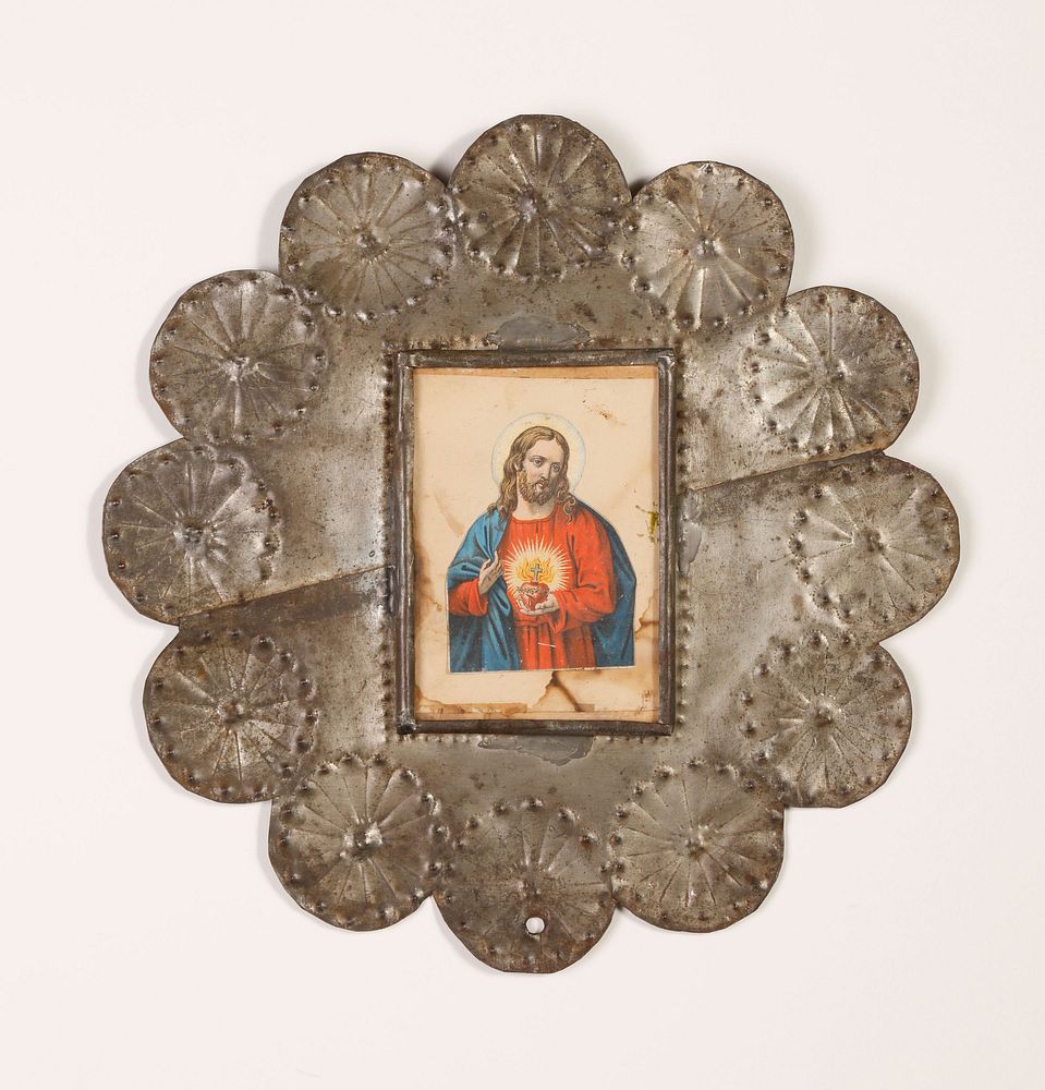 Appraisal: Two Round Tin Frames with Devotional Cards Attributed to Valencia