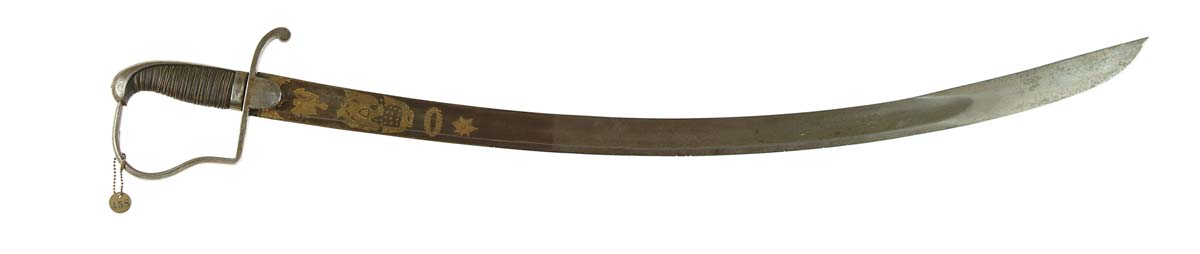 Appraisal: STIRRUP HILT AMERICAN HORSEMAN SABER curved blade etched with HONOUR